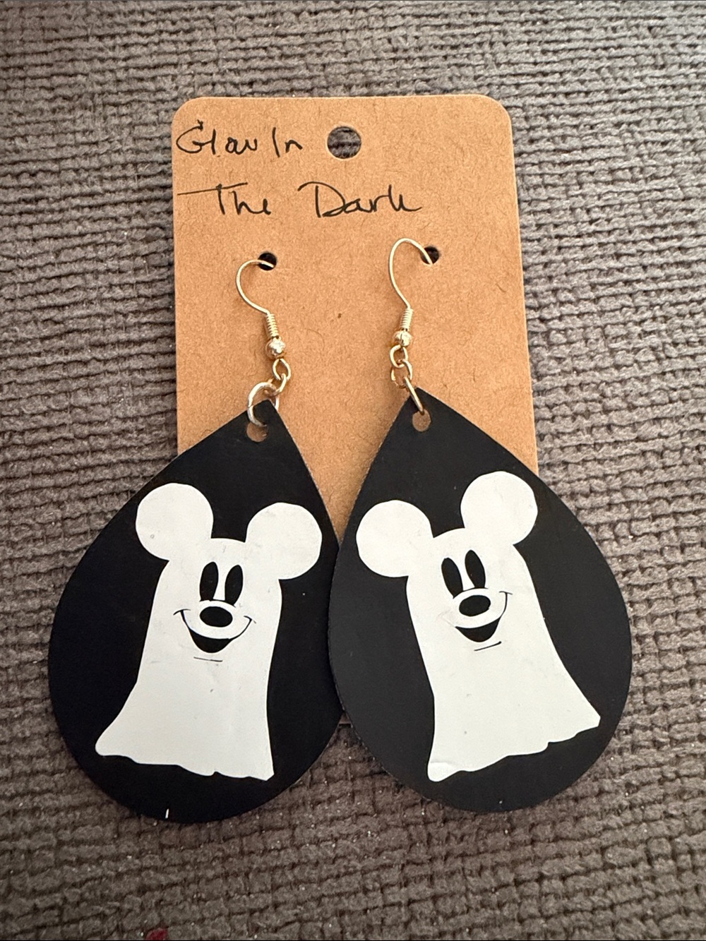 Handmade Black Mickey Mouse Ghost Halloween Teardrop Earrings glow in the dark